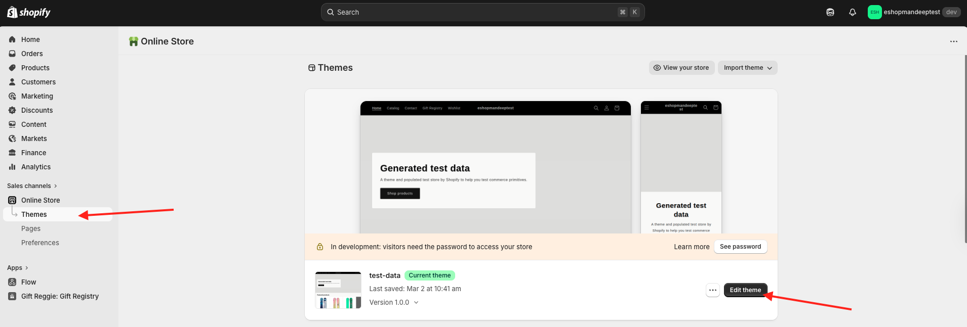 Shopify Themes page showing the Customize button