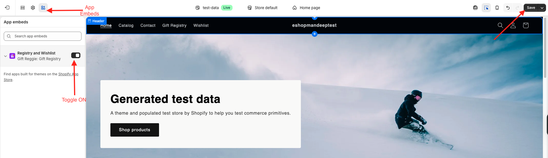 Gift Reggie app embed enabled in Shopify theme editor