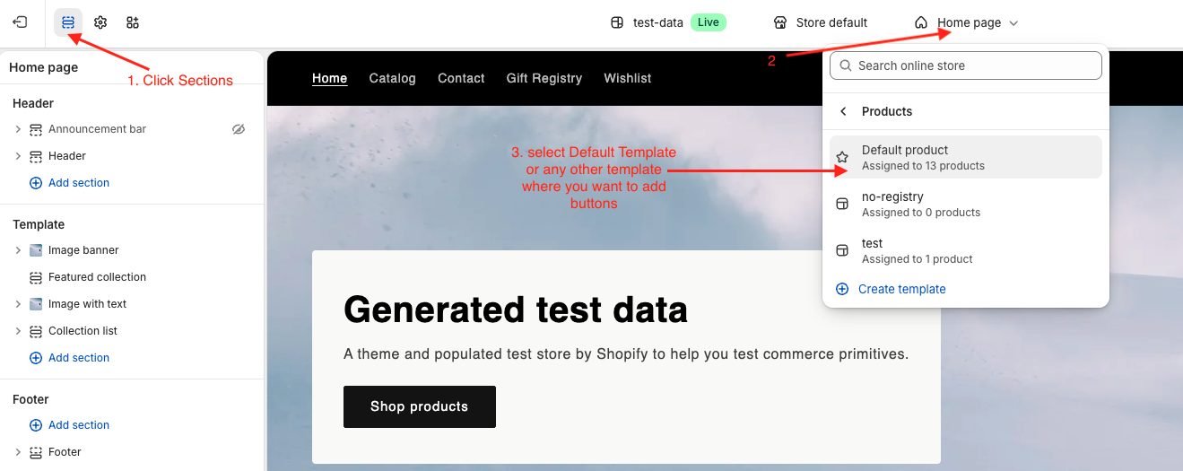 Shopify theme editor showing the product template dropdown