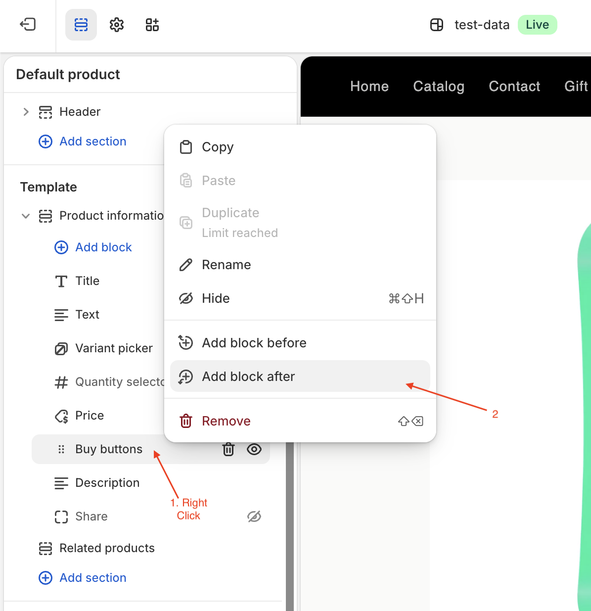 Right-click menu showing Add block after option