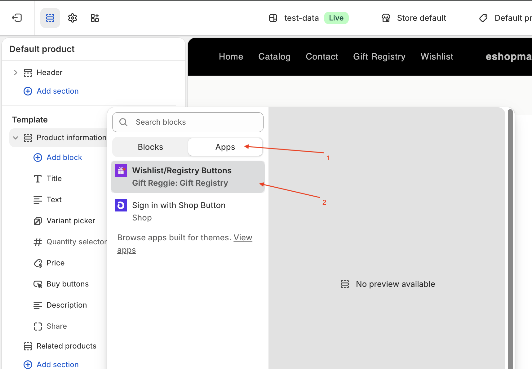 Apps tab showing Wishlist and Registry Buttons block