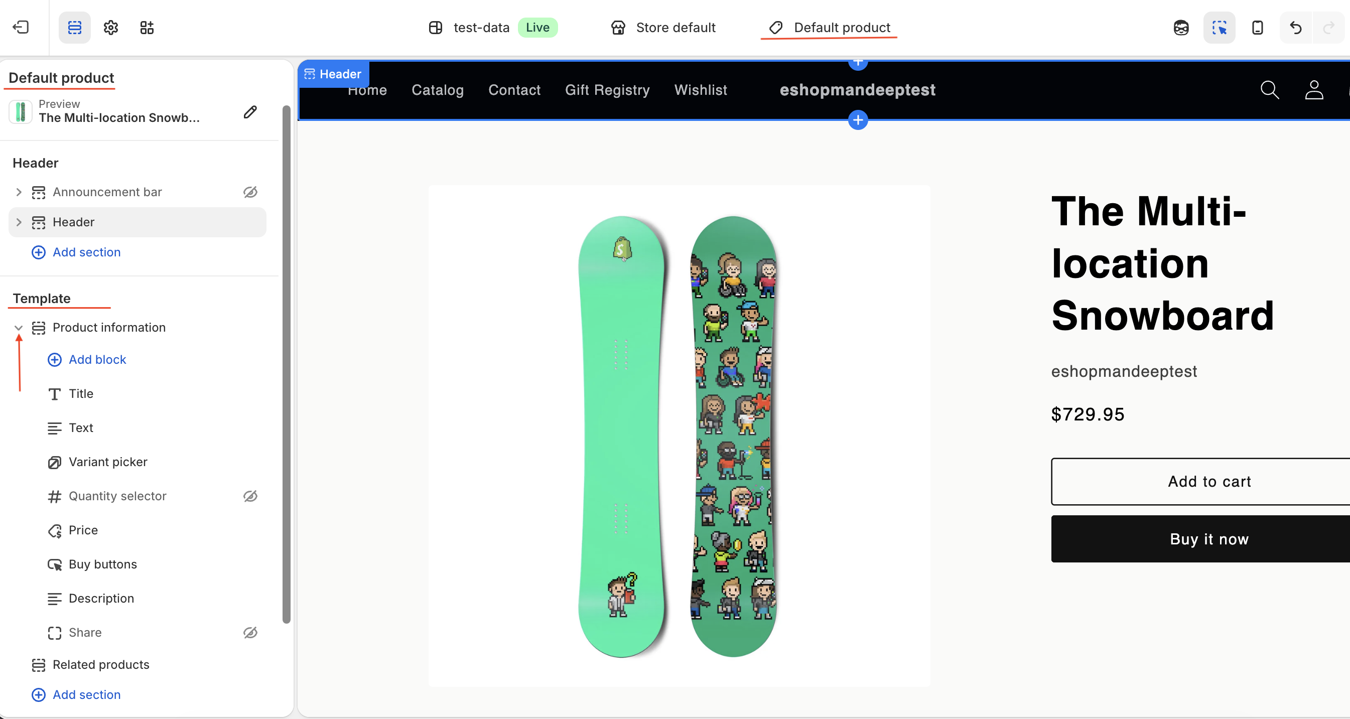Product information section expanded in Shopify theme editor